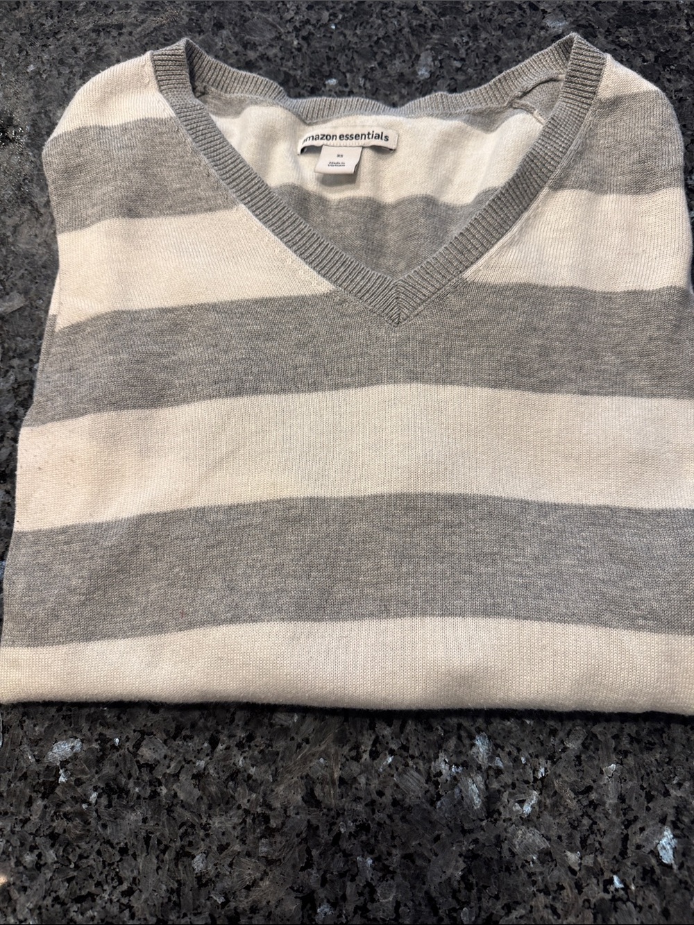Amazon Essentials Women’s Gray & White Striped V-Neck Pullover